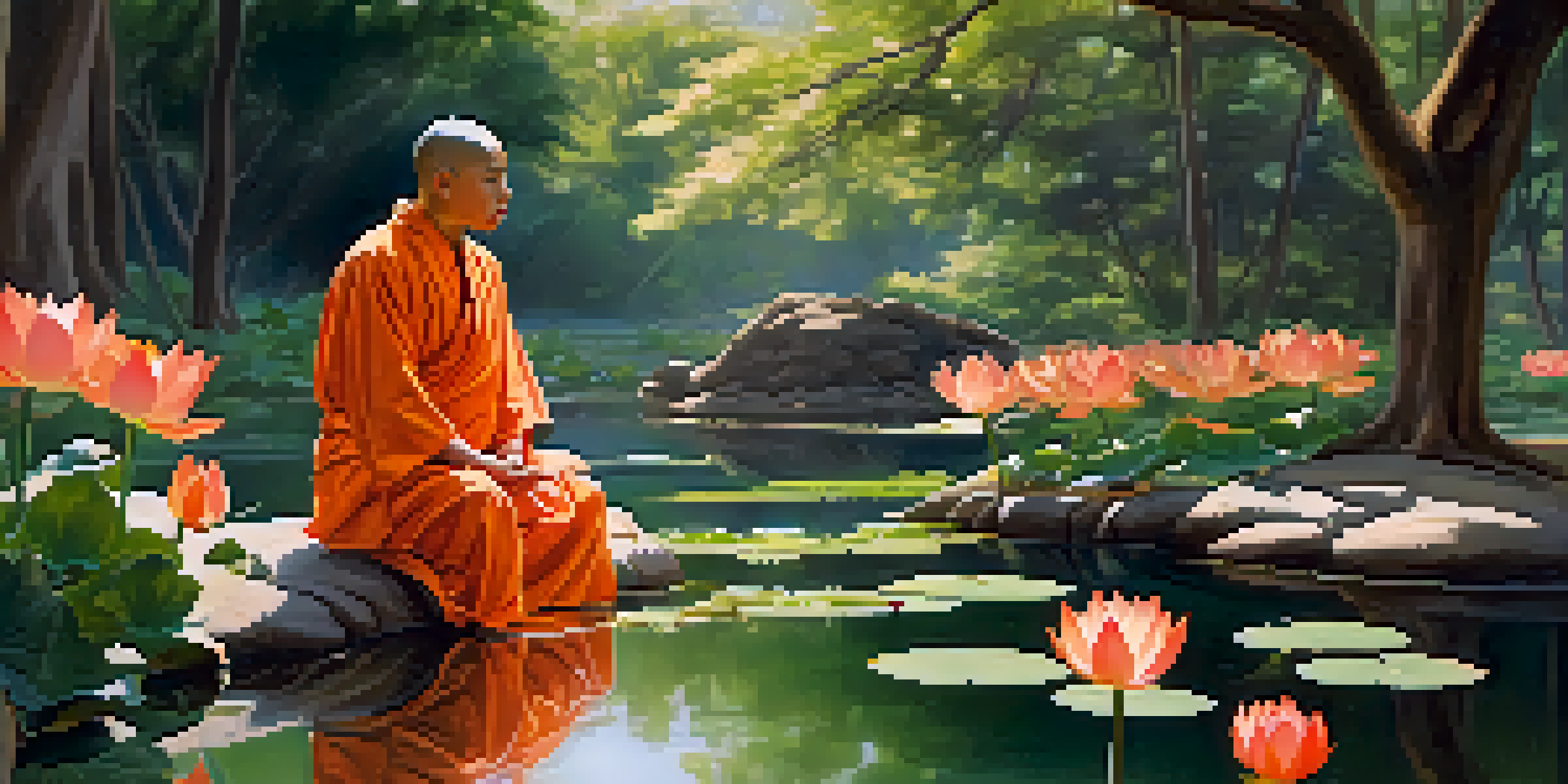 A monk in orange robes meditating by a peaceful lotus pond with blooming flowers and green foliage.