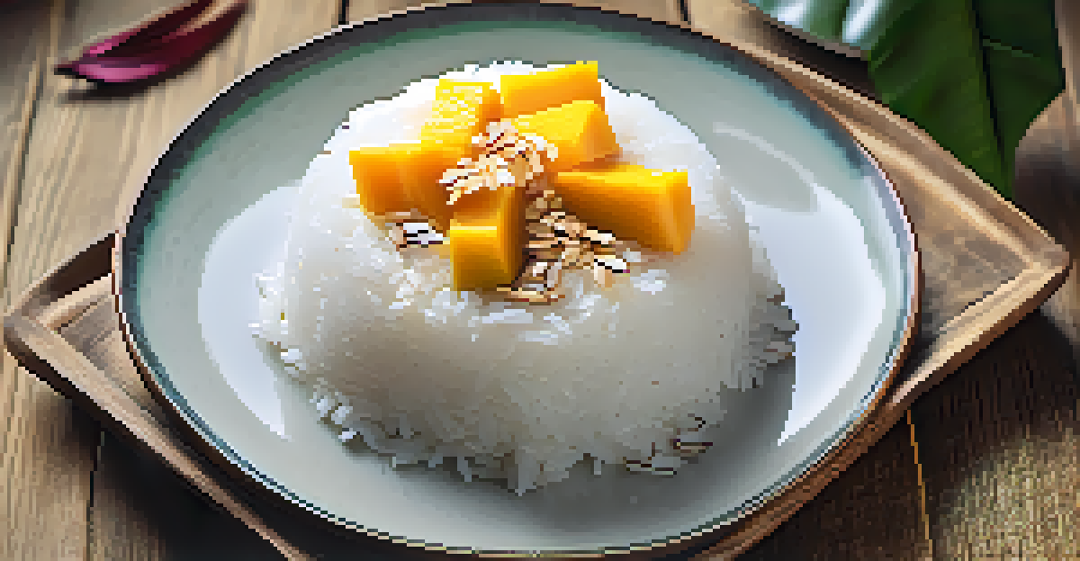 A plate of mango sticky rice with mango slices and coconut milk, presented on a decorative plate.