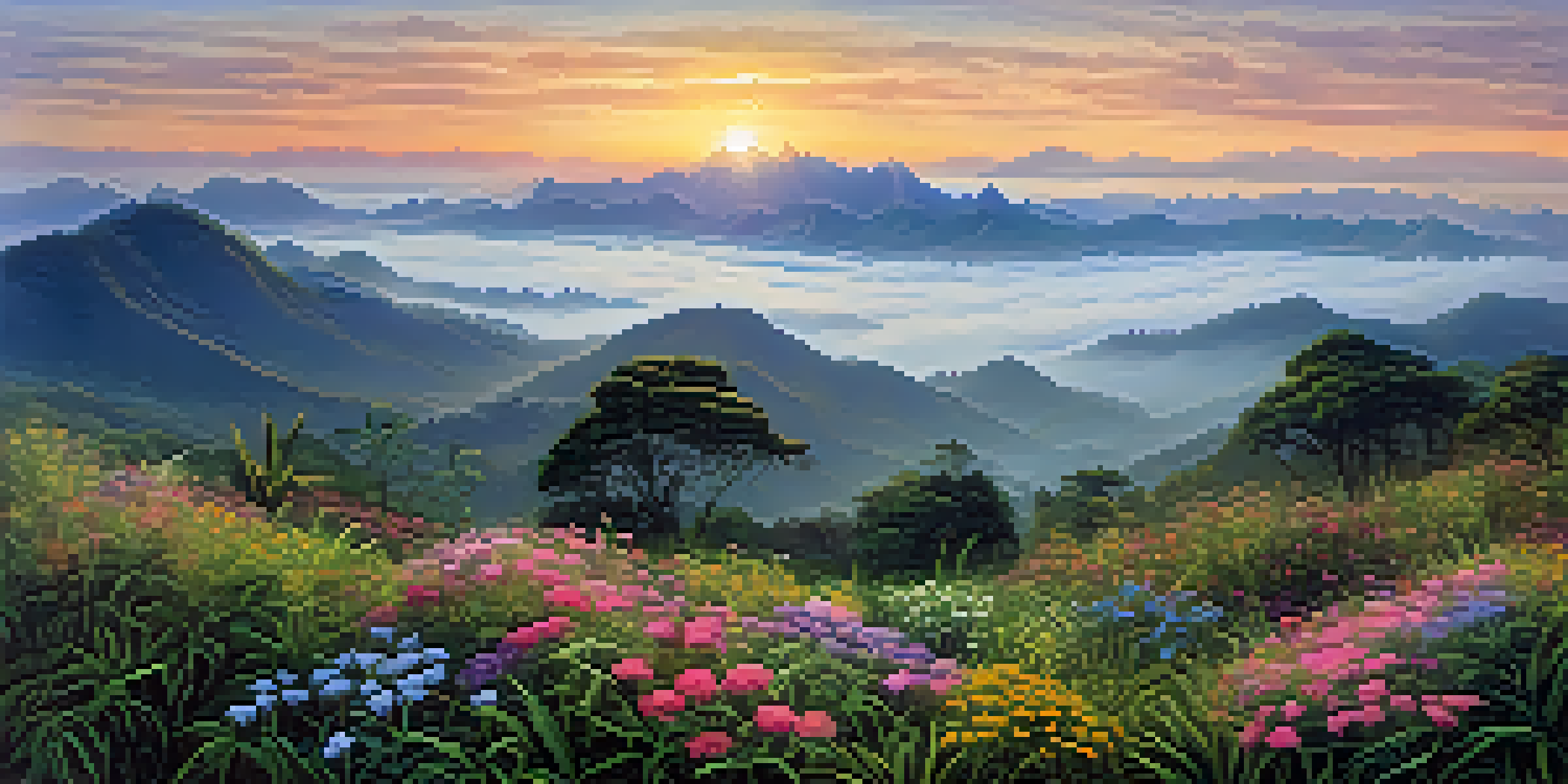 A beautiful sunrise over misty mountains with colorful wildflowers in the foreground, creating a tranquil scene in Huai Nam Dang National Park.