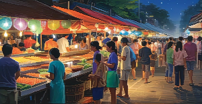 A lively night market in Thailand filled with colorful food stalls and crafts, with people interacting and warm lights setting the atmosphere.