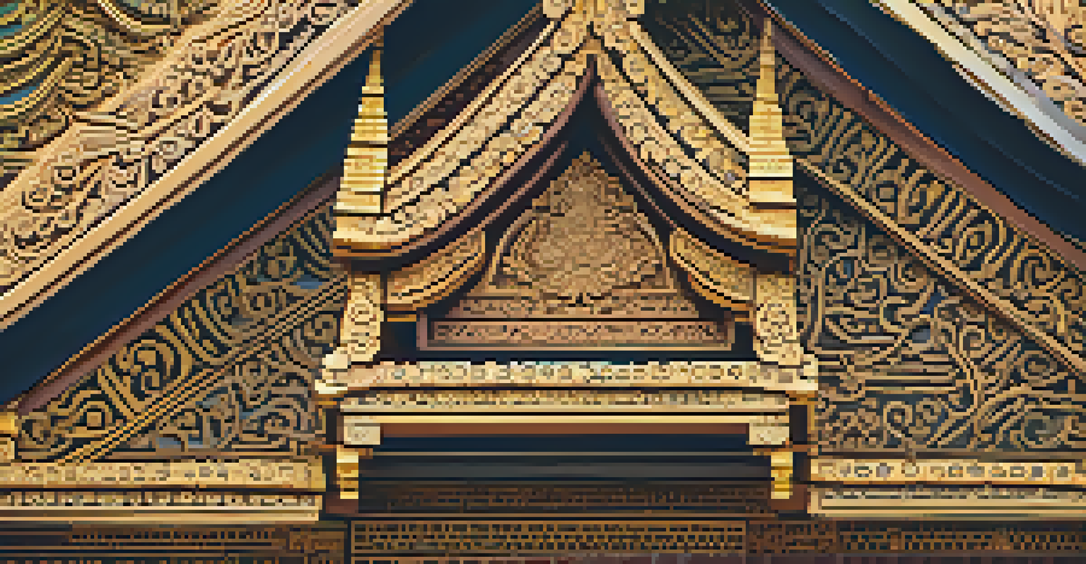 Close-up of an ornate wooden eave of a Thai temple roof with intricate carvings.