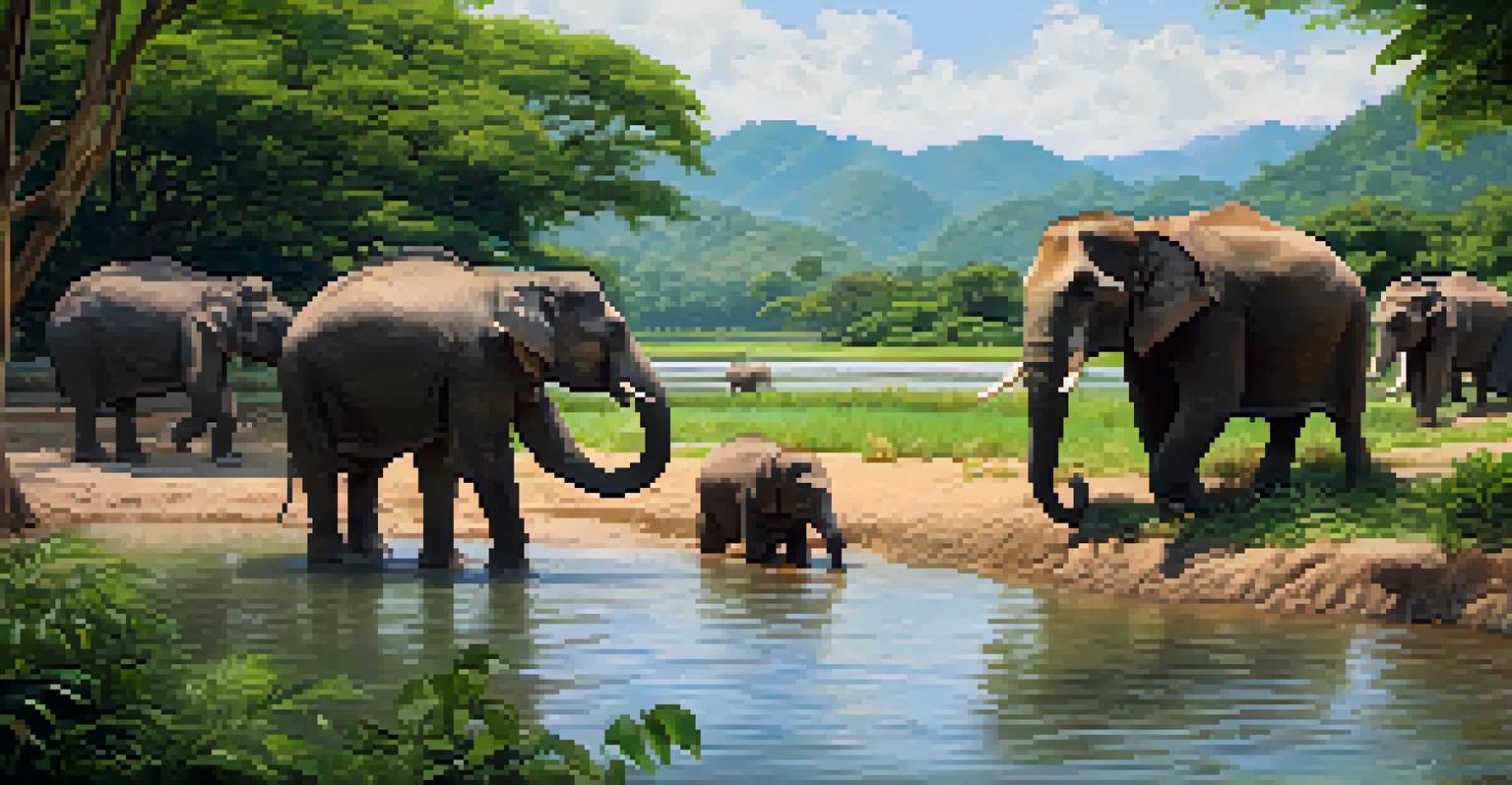 Elephants bathing in a river at Elephant Nature Park, surrounded by lush greenery and caregivers interacting with them.