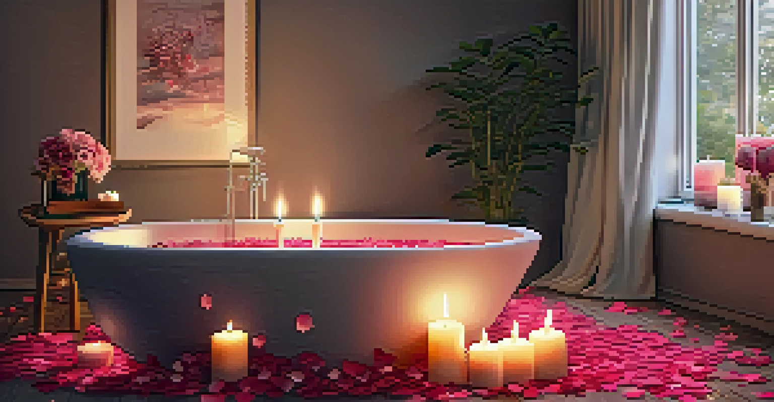 A home spa corner featuring a bathtub filled with rose petals, candles, and soft lighting.