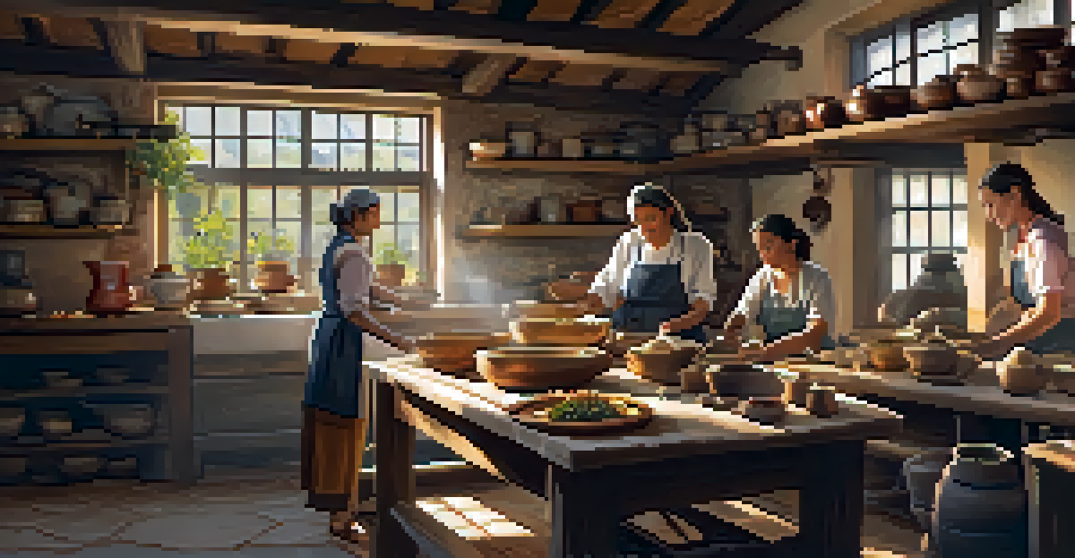 A local woman teaching a cooking class in a rustic kitchen, with tourists observing and fresh ingredients around, illuminated by natural sunlight.