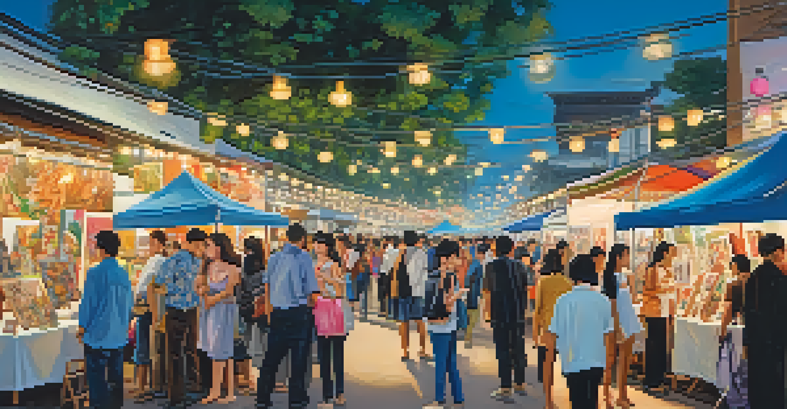 A vibrant art fair in Thailand, featuring booths with artworks by emerging artists and visitors interacting with creators in a joyful atmosphere.