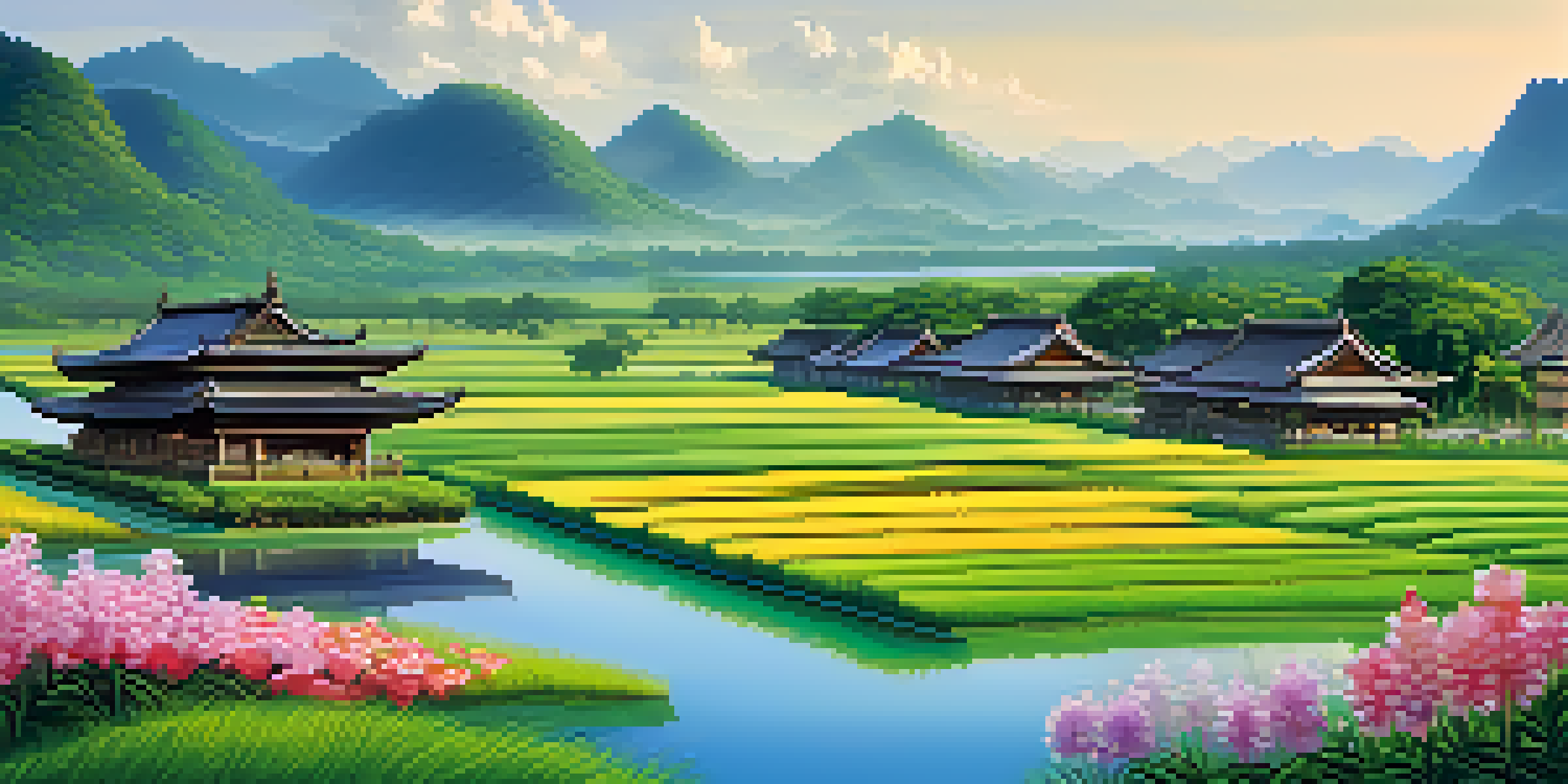 A picturesque view of the ancient Mon Kingdom featuring rice fields, traditional wooden houses, and a flowing river under a clear sky.