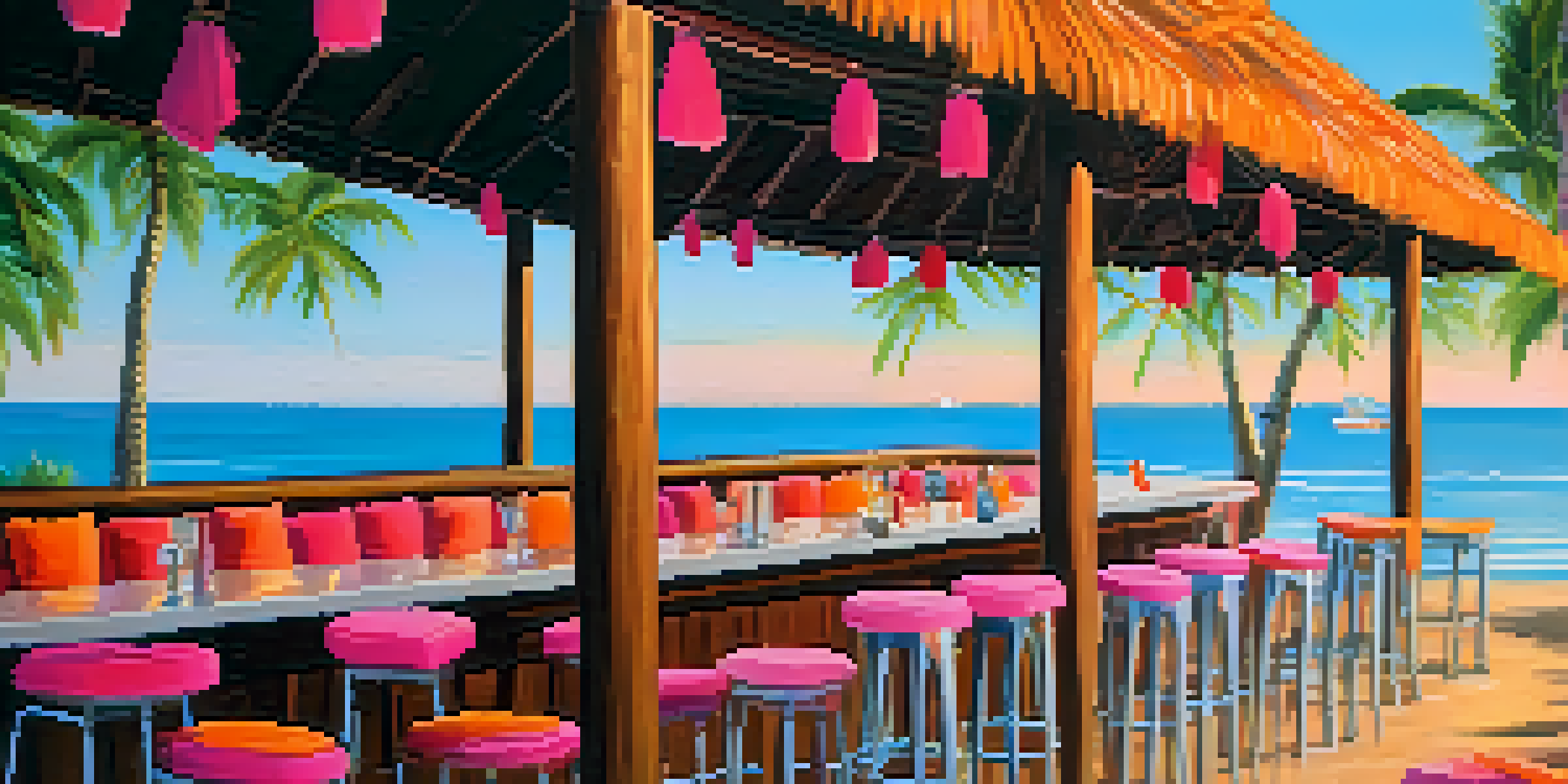 A vibrant beachfront bar in Krabi at sunset with people enjoying drinks and a beautiful ocean view.