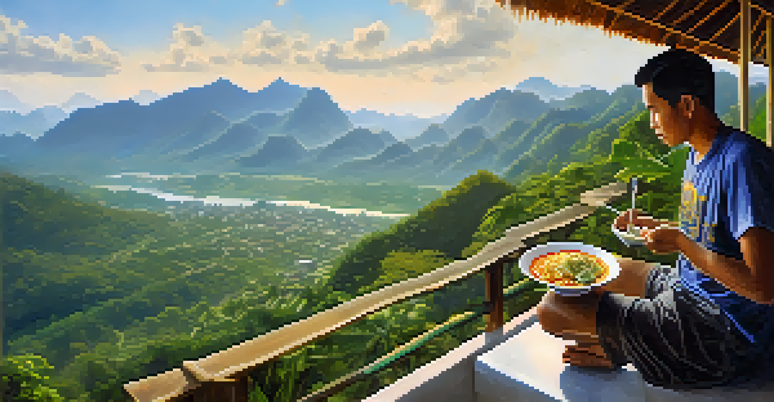 A cyclist enjoying khao soi at a viewpoint in Northern Thailand, with mountains and valleys in the background.