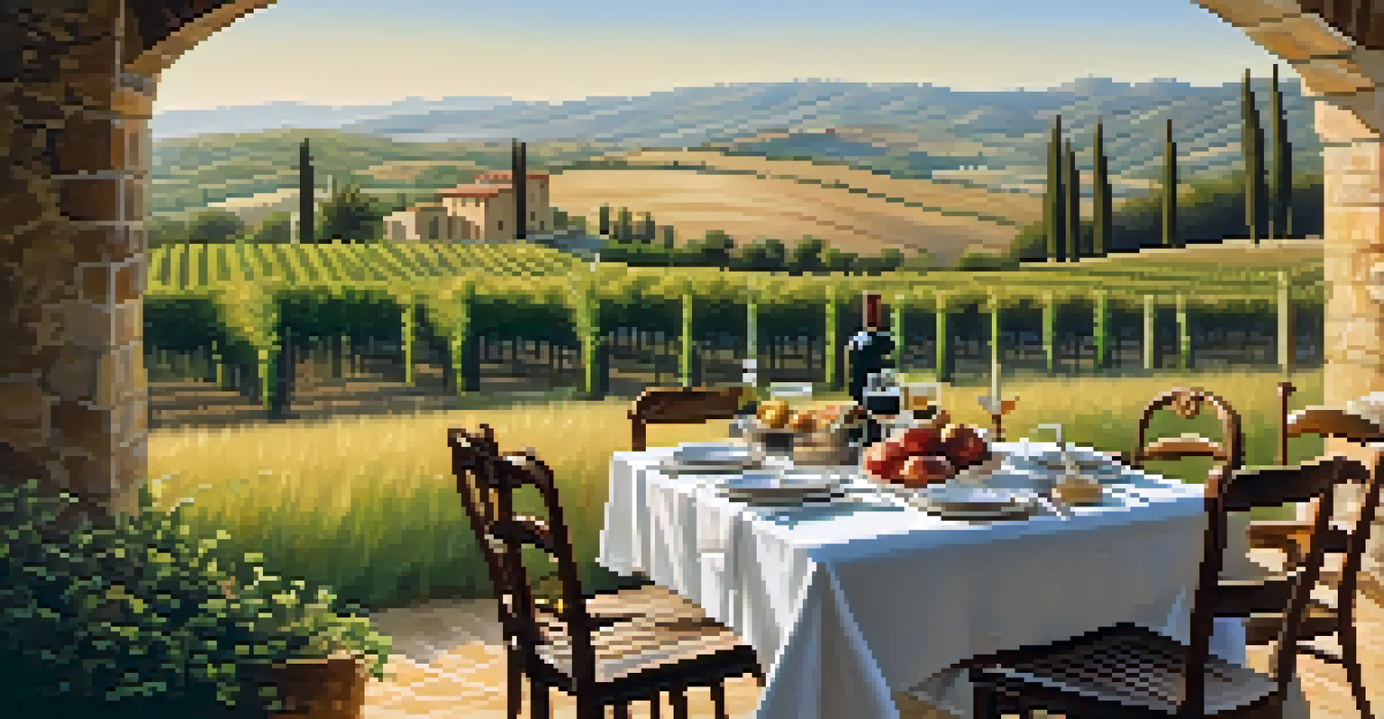 A charming villa in the Tuscan countryside surrounded by rolling hills and vineyards, with a table set for a healthy meal.