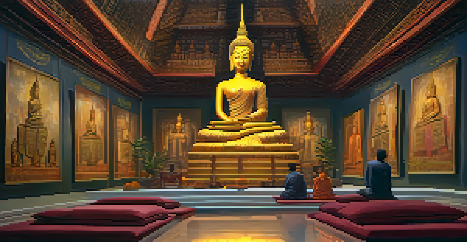 The interior of a Thai temple showcasing murals and Buddha statues, with warm lighting creating a peaceful atmosphere.