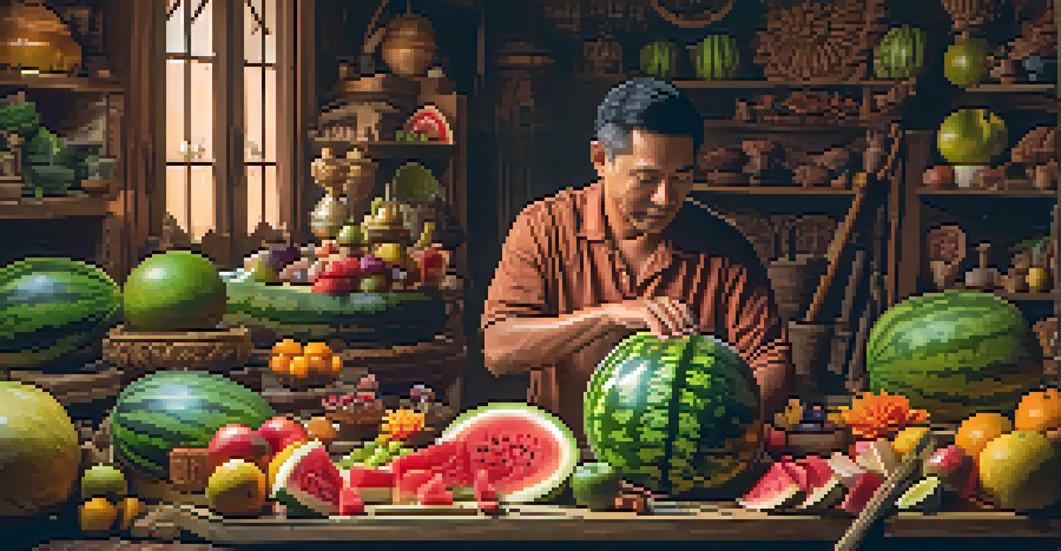 An artisan carving a watermelon with various fruits and tools displayed in a warm workshop setting.
