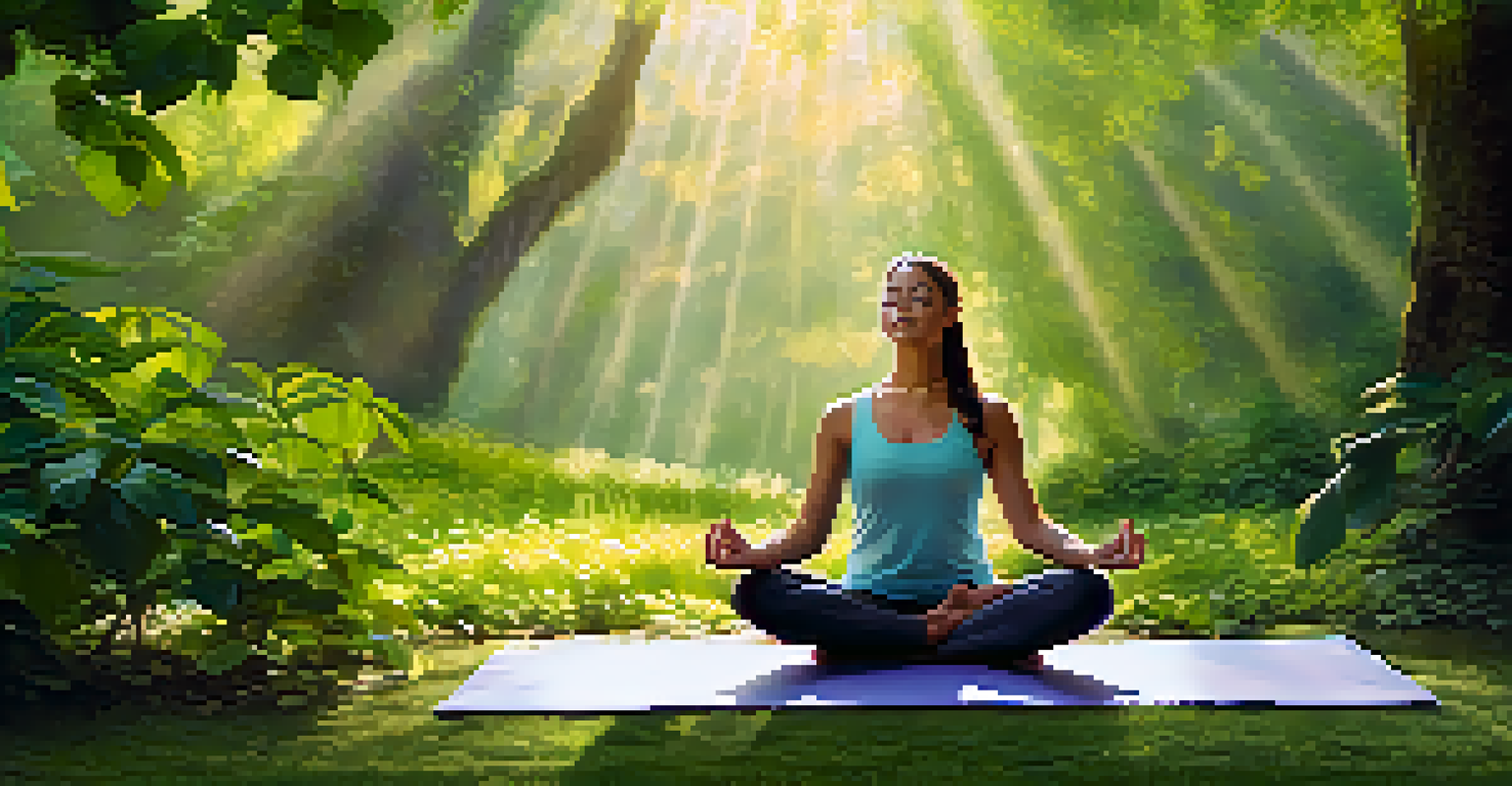 A person practicing a yoga pose in a natural setting, focusing on their breath amidst lush greenery.