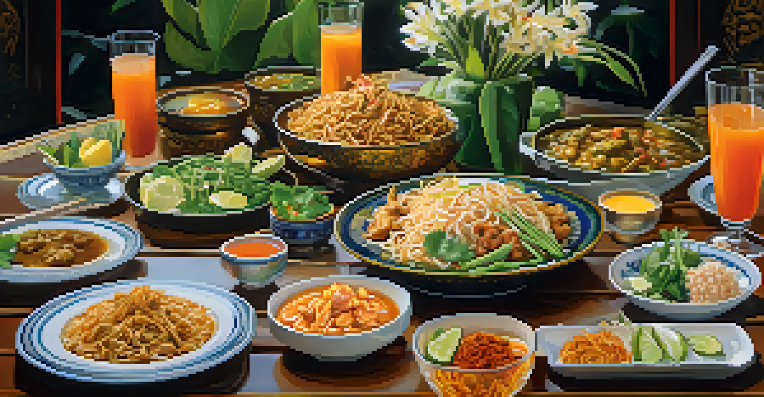 A beautifully set dining table featuring Thai dishes and a glass of Thai iced tea, illuminated by candlelight.
