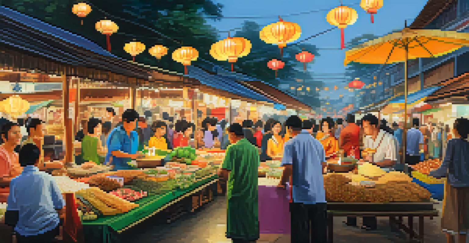 A bustling market scene during the Loy Krathong festival with people in traditional Thai attire and colorful food stalls.