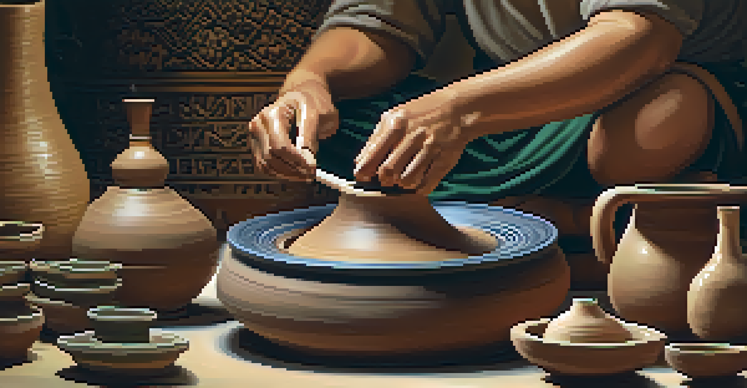 Close-up of a potter's hands molding clay on a wheel with traditional Thai pottery pieces in the background.
