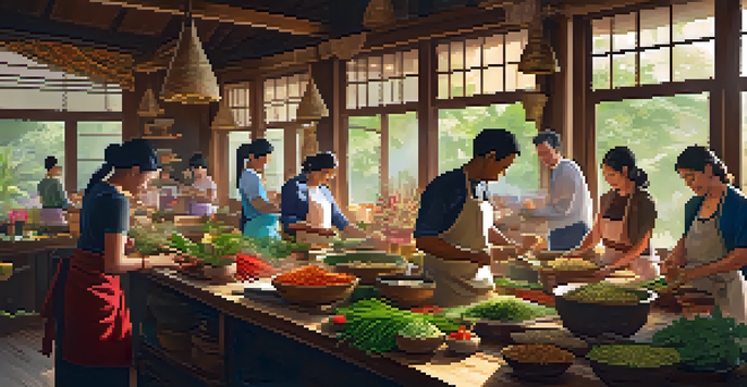 A lively cooking class in Thailand, featuring participants learning to prepare fresh herbs and spices in a bright kitchen with local chefs.