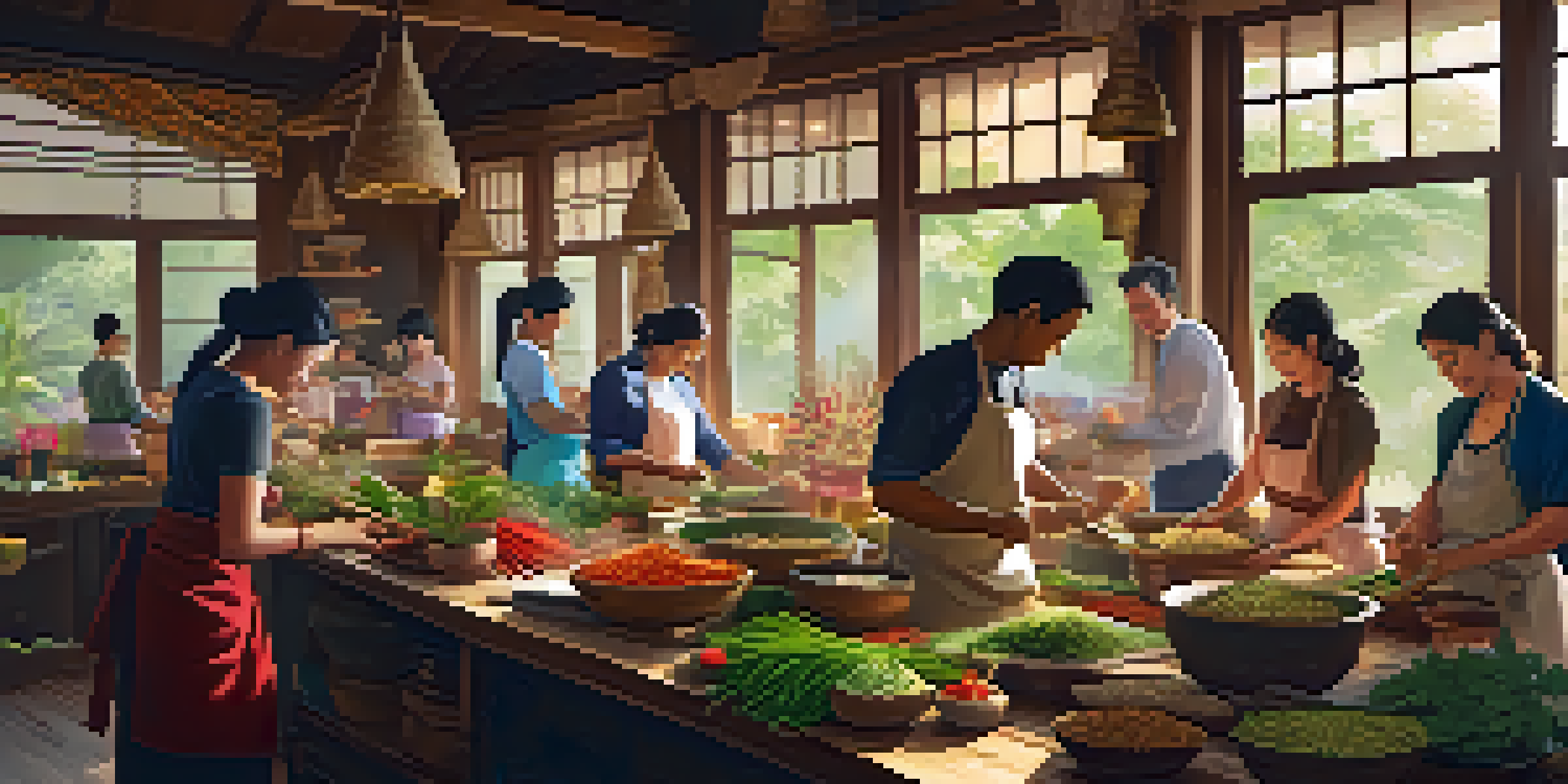 A lively cooking class in Thailand, featuring participants learning to prepare fresh herbs and spices in a bright kitchen with local chefs.