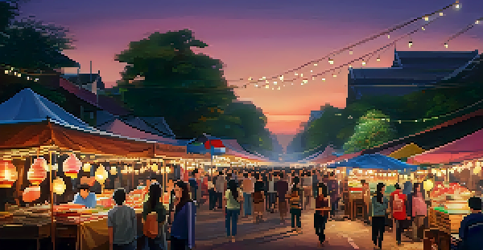 A bustling night market in Chiang Mai with colorful stalls, fairy lights, and street performers, capturing the lively atmosphere.