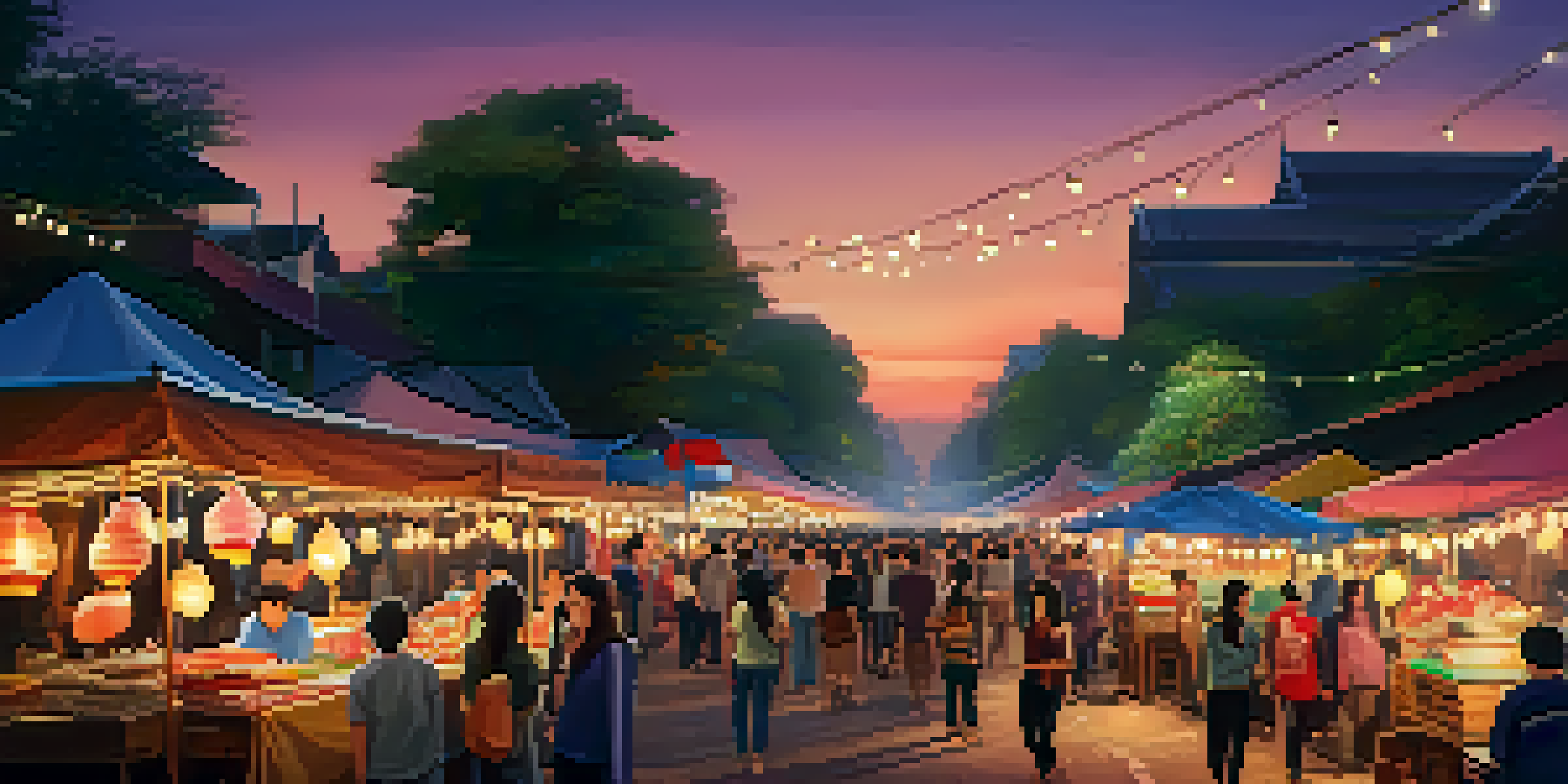 A bustling night market in Chiang Mai with colorful stalls, fairy lights, and street performers, capturing the lively atmosphere.
