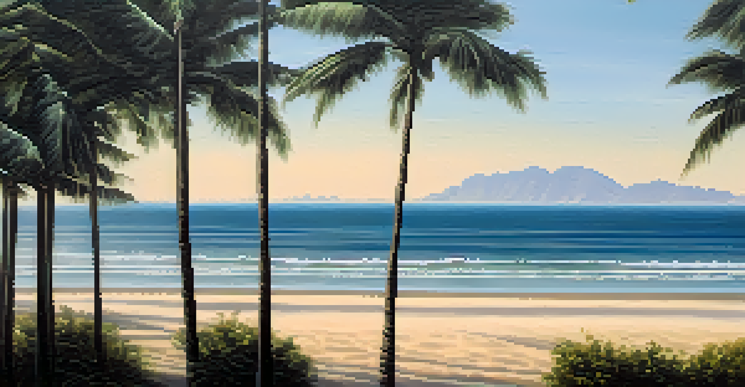 A coastal view from a train window with palm trees and the Gulf of Thailand at sunset.