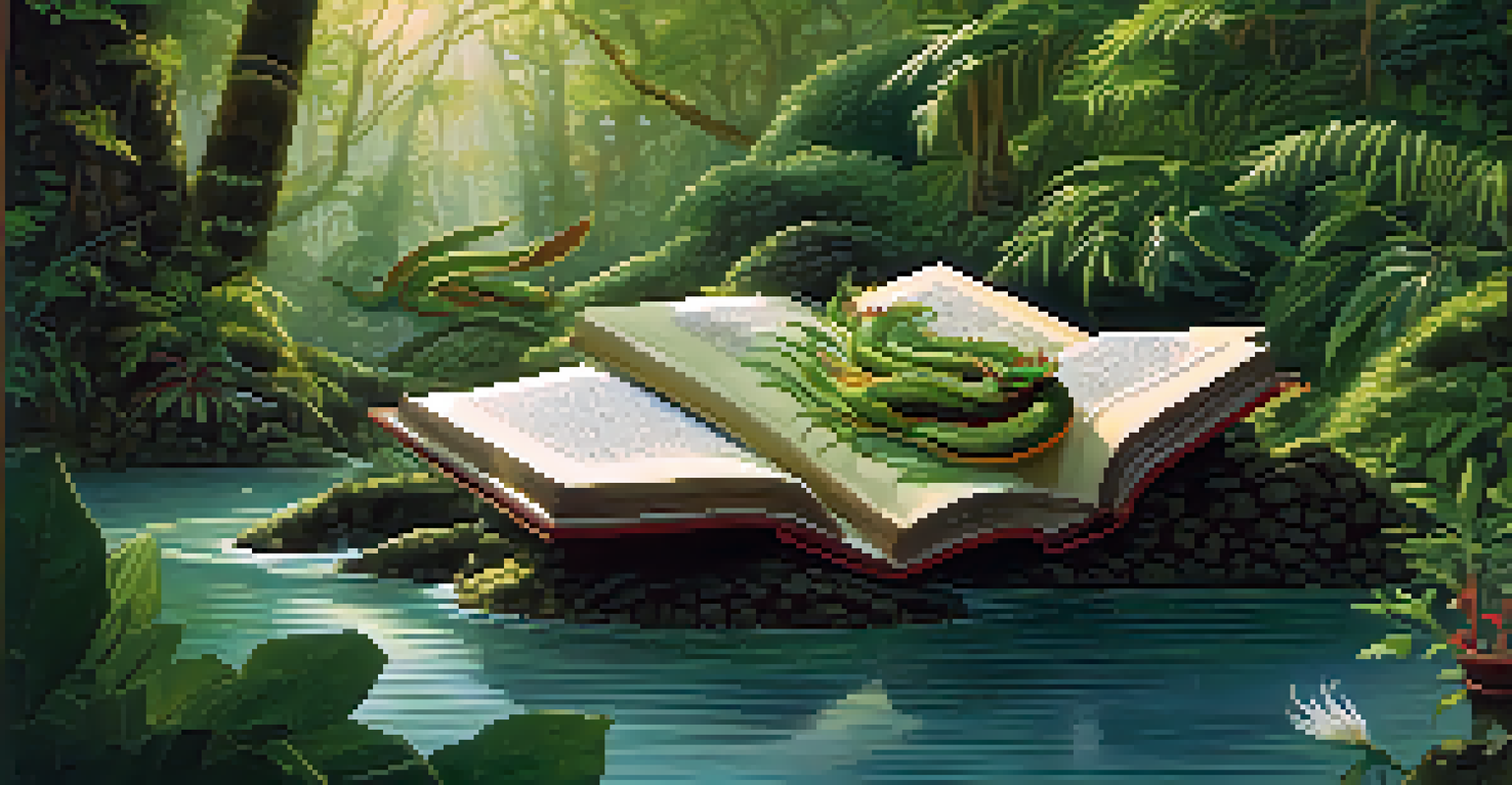 An open book with illustrations of Naga legends surrounded by nature, with a stream flowing nearby and sunlight filtering through leaves.