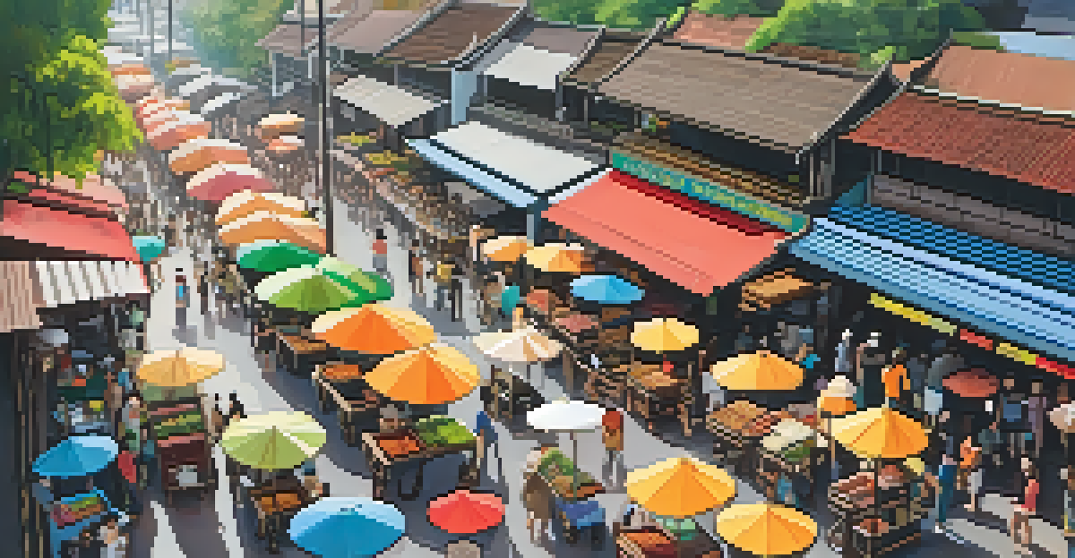 A vibrant street market scene in Chiang Mai with colorful stalls and people shopping for food and crafts.