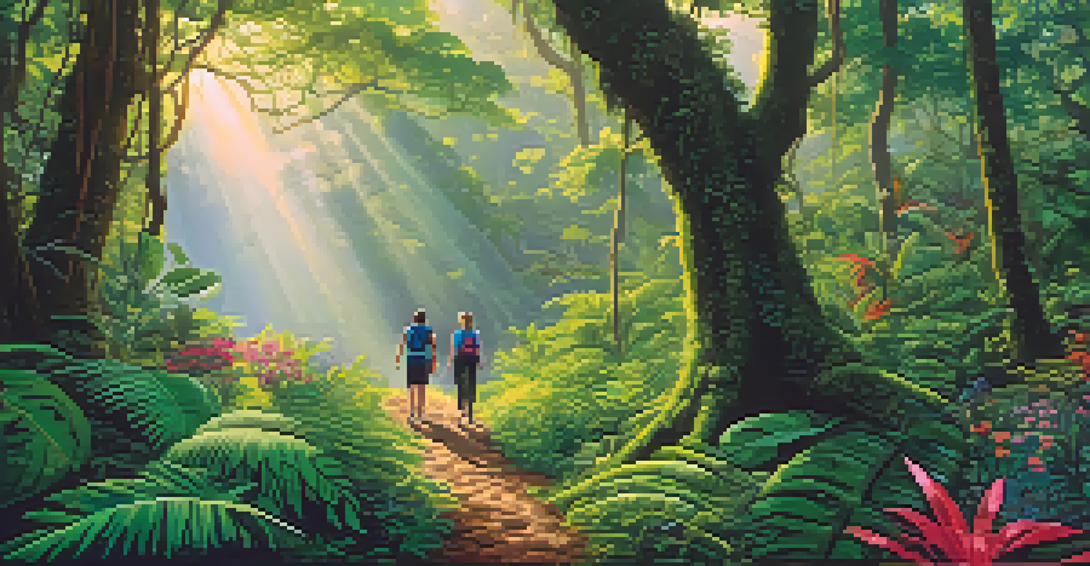 Participants walking through a lush rainforest in Costa Rica during a guided forest bathing session, surrounded by vibrant greenery.