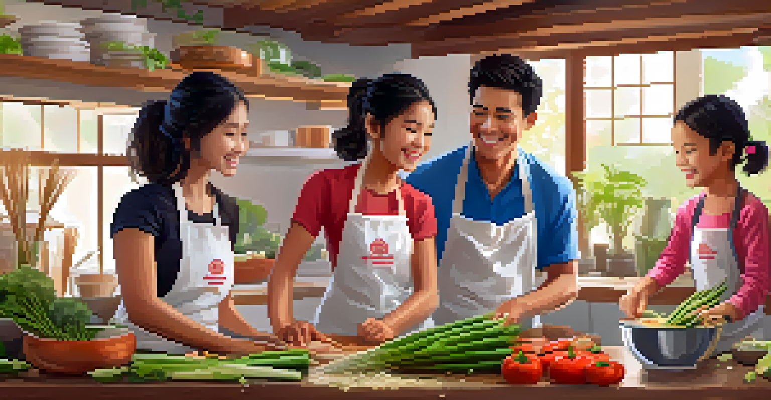 A family in a Thai cooking class, with children making spring rolls and fresh ingredients on the counter.
