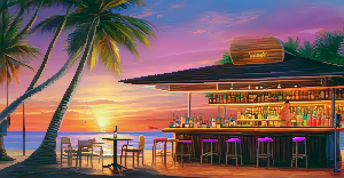 A sunset view of a beach bar in Pattaya, with cocktails and palm trees, showcasing a warm and inviting ambiance.
