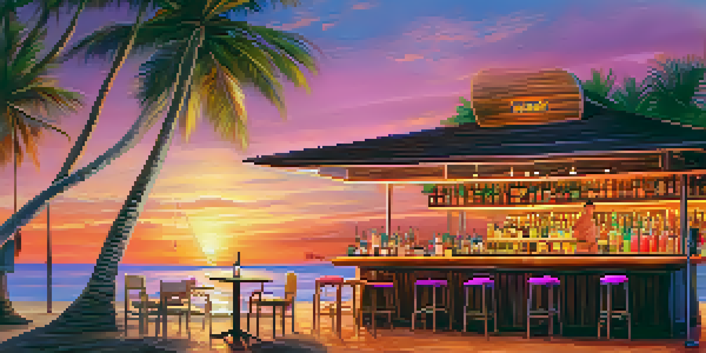 A sunset view of a beach bar in Pattaya, with cocktails and palm trees, showcasing a warm and inviting ambiance.