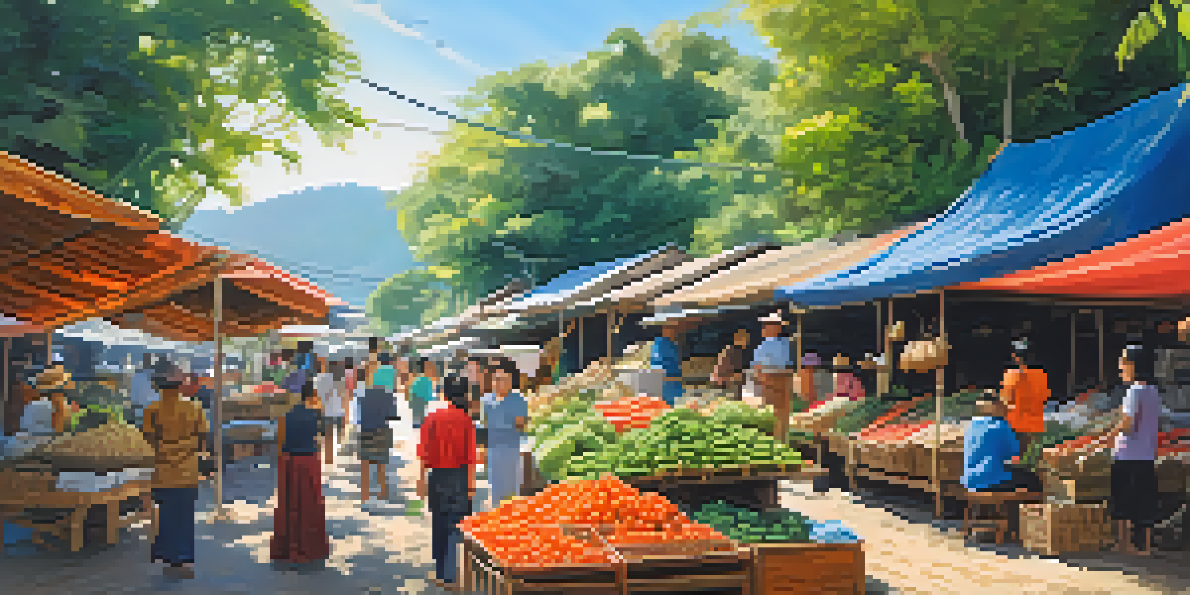 A bustling market in Northern Thailand with colorful stalls selling fresh produce and crafts, and smiling vendors interacting with customers.