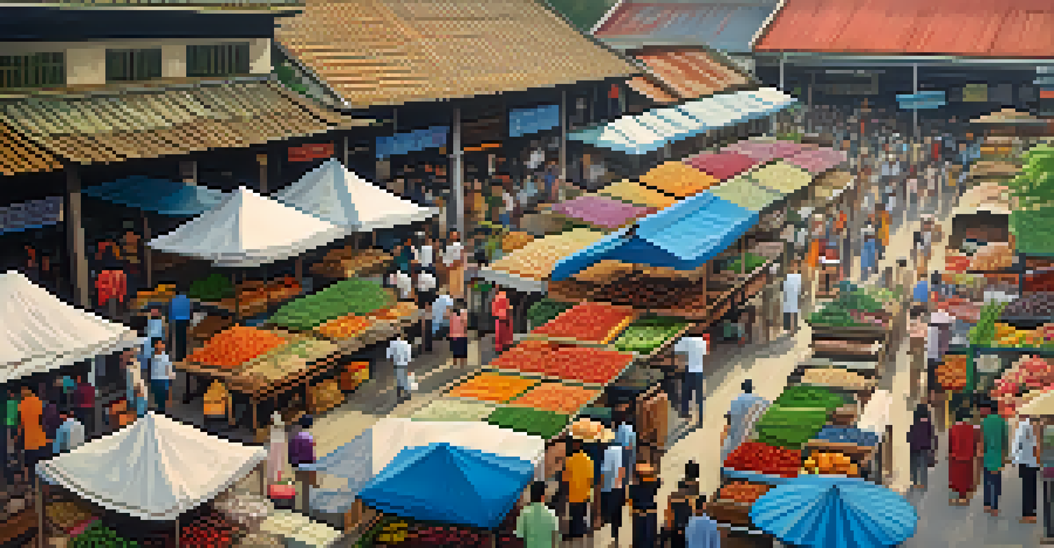 Aerial view of a colorful Thai market showcasing fresh produce and traditional crafts, with people interacting.