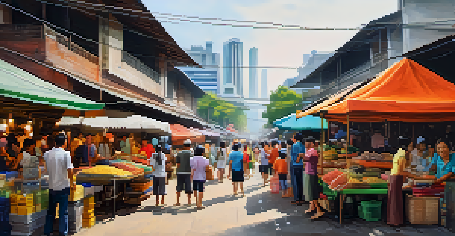 A lively market scene in Bangkok with families exploring colorful stalls and tasting street food.
