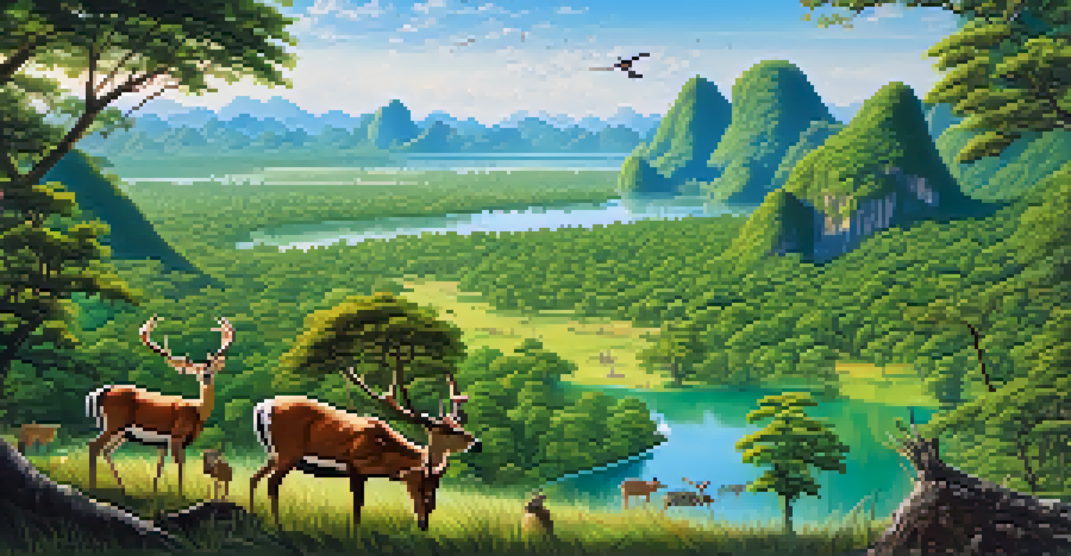 A national park in Thailand showcasing a family of deer grazing in the foreground and colorful birds flying above lush greenery in the background.