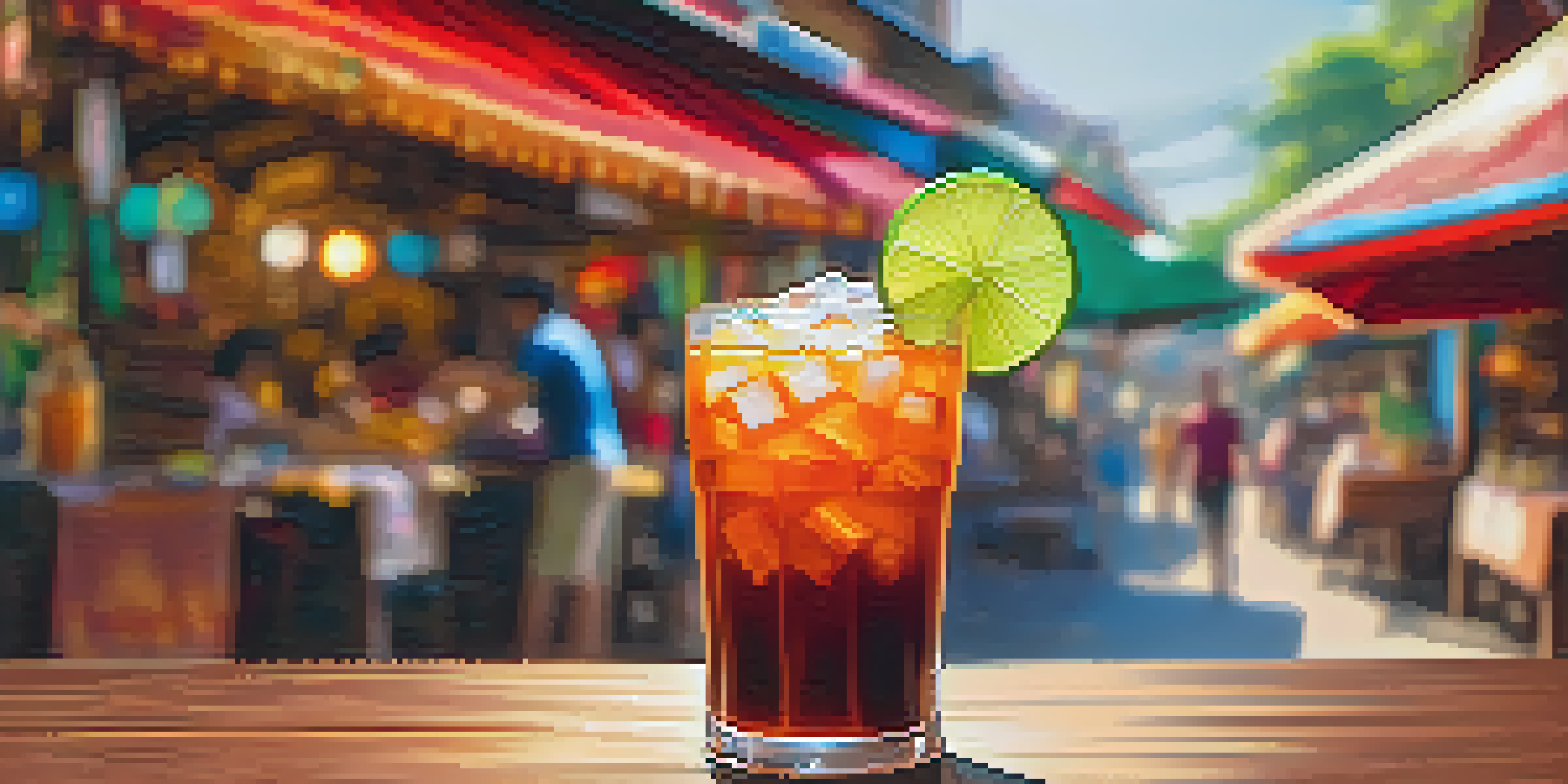 A glass of Thai iced tea with ice, garnished with lime and spices, in a lively street market setting.