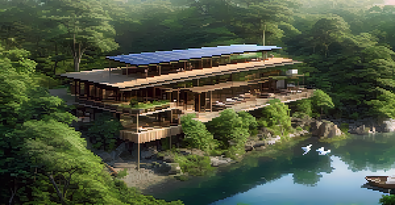 Aerial view of a sustainable eco-lodge in a lush forest with local materials and solar panels, and tourists hiking nearby.