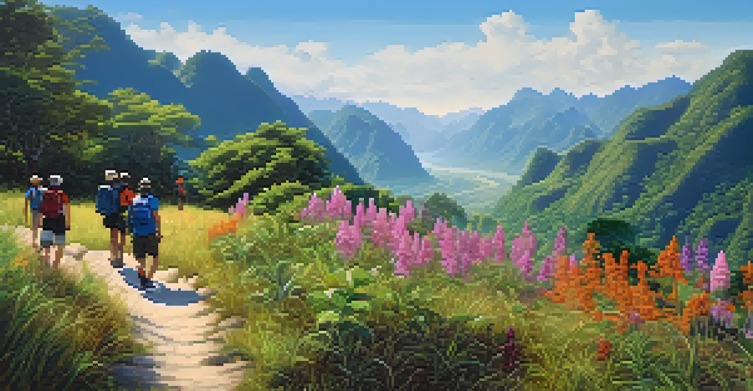 Hikers on a marked trail in Thailand, surrounded by mountains and wildflowers.