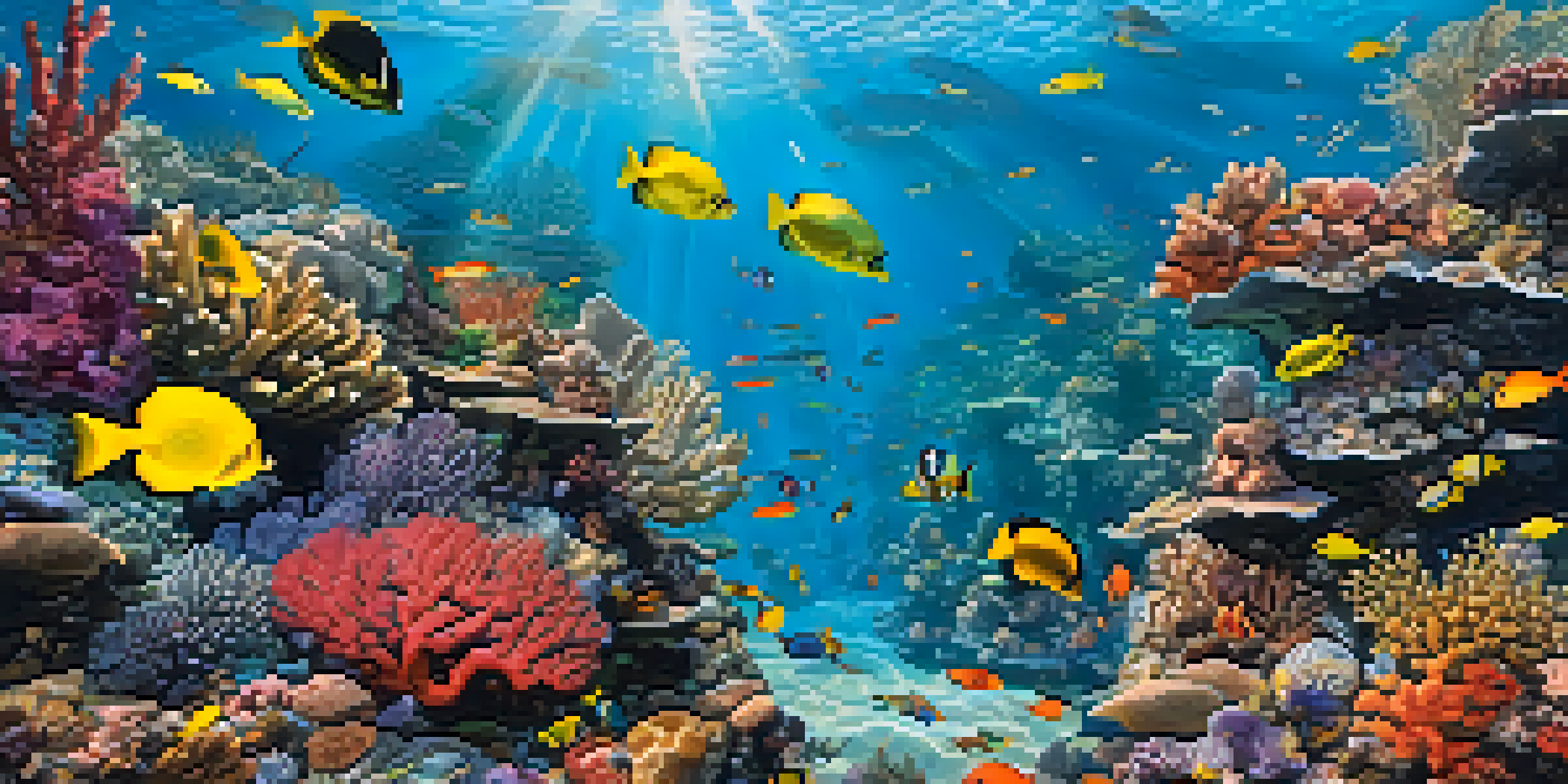 Underwater view of a colorful coral reef filled with various fish and sunlight filtering through the water.
