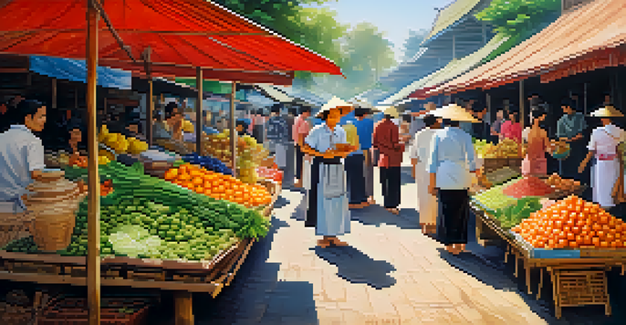 A busy Thai local market with colorful stalls selling fresh produce and handmade crafts, vendors interacting with customers under sunny skies.