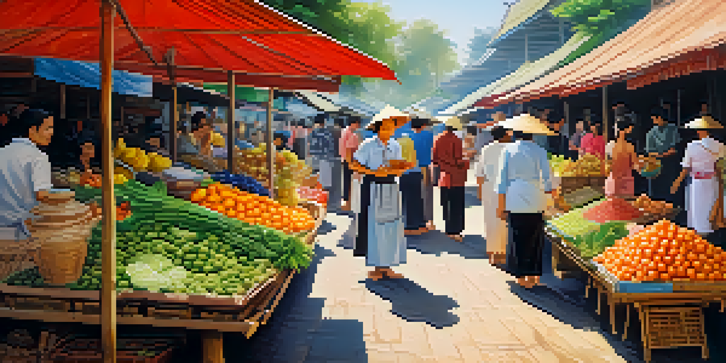 A busy Thai local market with colorful stalls selling fresh produce and handmade crafts, vendors interacting with customers under sunny skies.