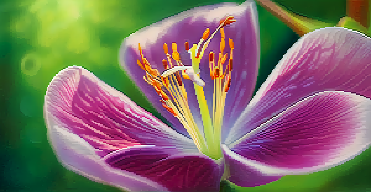 A close-up of a delicate flower with intricate details and vibrant colors against a blurred green background.