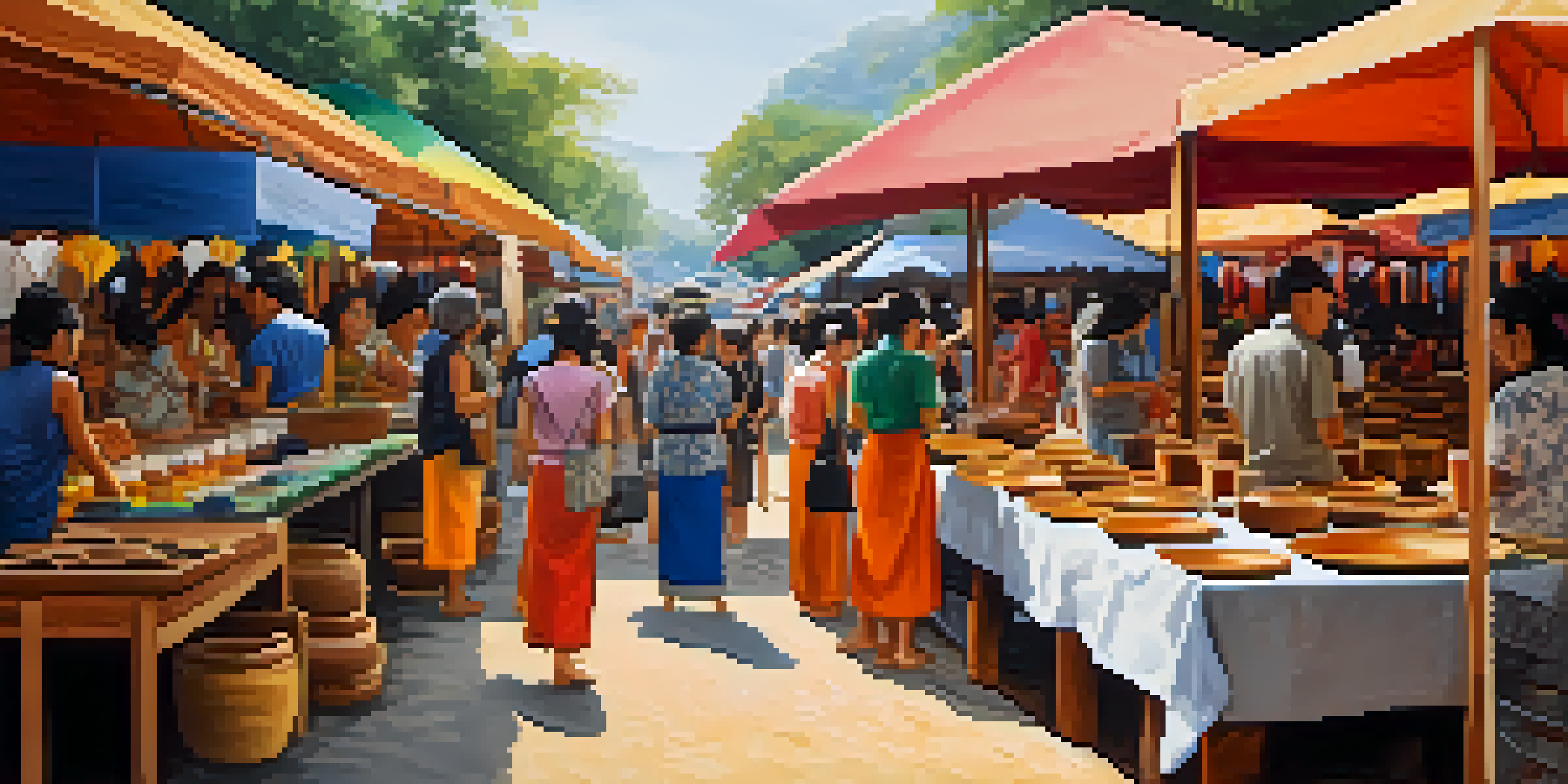 A lively scene of a Thai craft fair with artisans selling pottery and textiles, surrounded by engaged visitors and colorful booths.