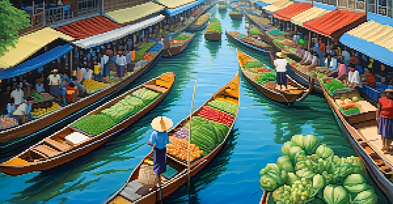 An aerial view of Pattaya Floating Market with boats selling fresh produce and crafts, vibrant colors, and cultural performances along tranquil canals.