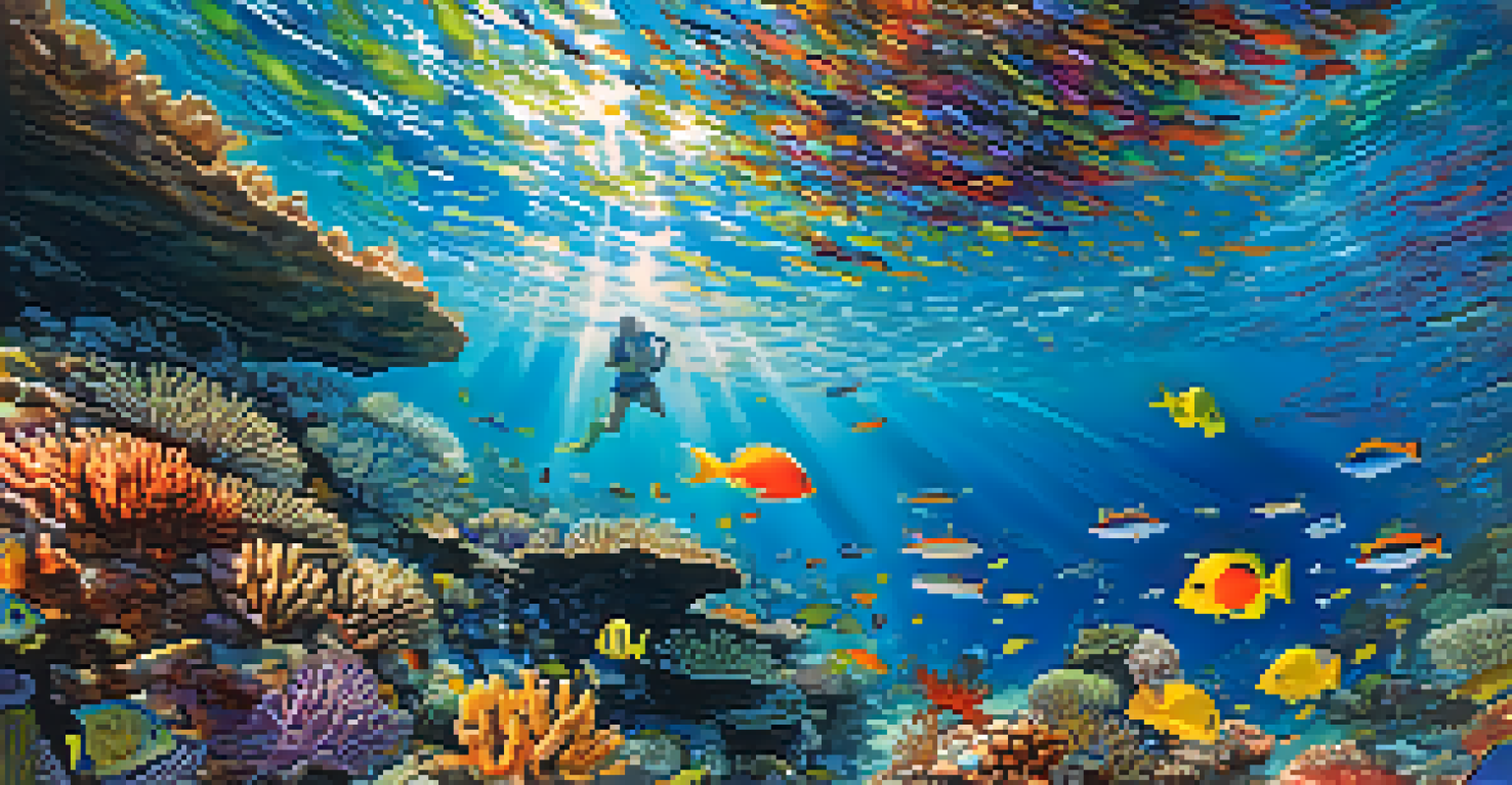 A vibrant coral reef underwater with colorful fish and sunlight filtering through the water's surface.