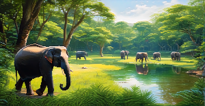 A tranquil scene of elephants in a lush wildlife sanctuary in Thailand, with dappled sunlight filtering through trees and a pond reflecting the greenery.