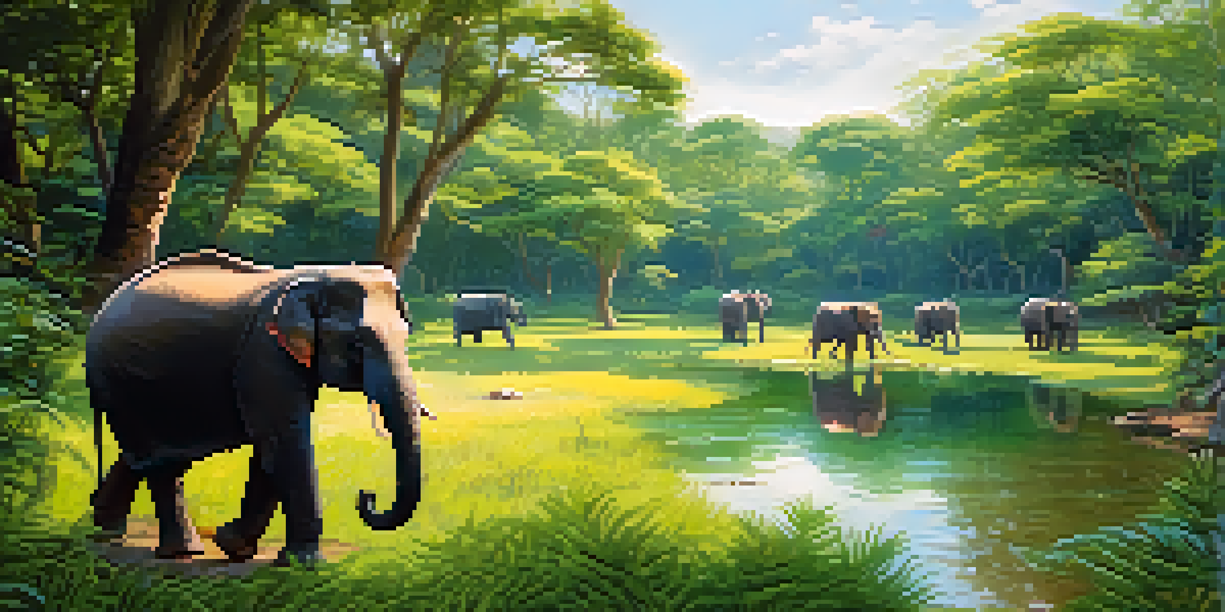 A tranquil scene of elephants in a lush wildlife sanctuary in Thailand, with dappled sunlight filtering through trees and a pond reflecting the greenery.