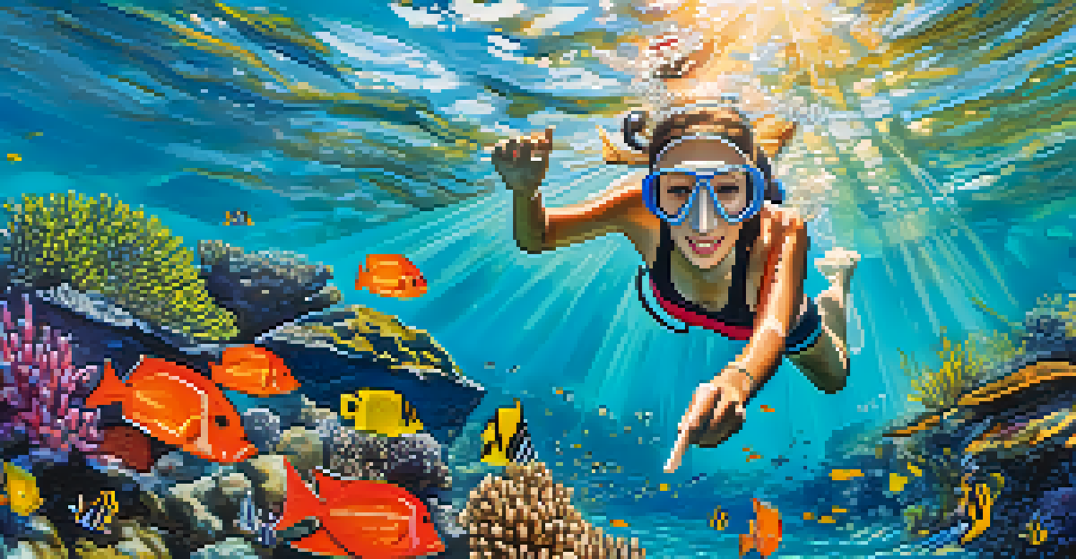 A family snorkeling above colorful coral gardens in Thailand, surrounded by bright fish in crystal clear water.