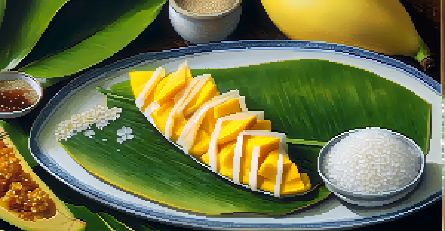 A close-up of mango sticky rice served on a banana leaf, showcasing the vibrant colors and textures of the dish.