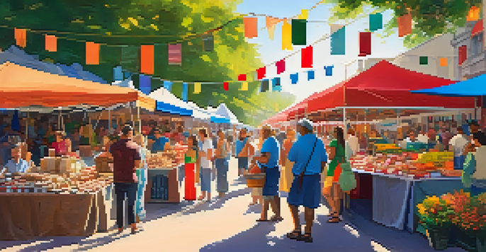 A lively street fair with colorful stalls and happy people enjoying food and crafts under a sunny sky.