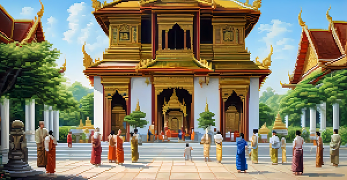 A tranquil view of a Thai temple with visitors in modest clothing removing their shoes, surrounded by greenery.